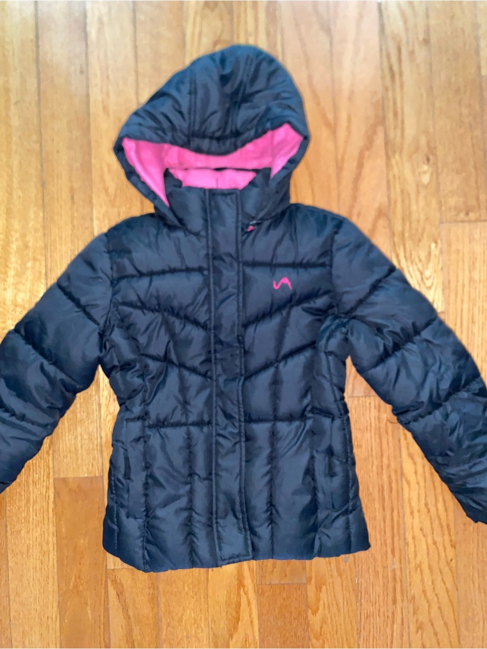 Girls' Black Puffer Jacket with Pink Hood Lining